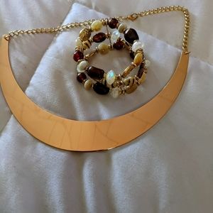 Gold tone necklace and beautiful beaded triple layer bracelet